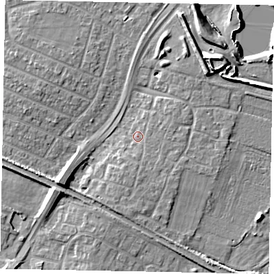 Shaded relief map of the ground around SL25XW, computed from Environment Agency LiDAR. The ground here sits at about 29 m above sea level and falls 11 m across the surrounding 800 m. Surface water reaching this point runs off ground lying to the south, 1.9 m higher.