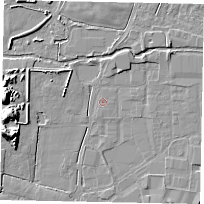 Shaded relief map of the ground around SL30AA, computed from Environment Agency LiDAR. The ground here sits at about 20 m above sea level and falls 15 m across the surrounding 800 m. Surface water reaching this point runs off ground lying to the north, 0.5 m higher.