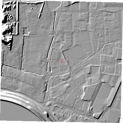 Shaded relief map of the ground around SL30AE, computed from Environment Agency LiDAR. The ground here sits at about 20 m above sea level and falls 15 m across the surrounding 800 m. Surface water reaching this point runs off ground lying to the north, 1.0 m higher.