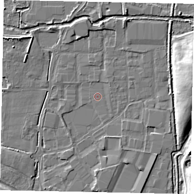 Shaded relief map of the ground around SL30AH, computed from Environment Agency LiDAR. The ground here sits at about 20 m above sea level and falls 12 m across the surrounding 800 m. The ground contributing surface water to this point lies to the east-south-east.