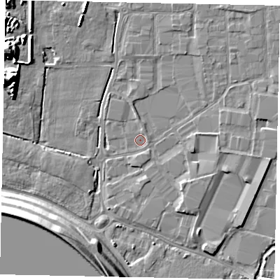 Shaded relief map of the ground around SL30AL, computed from Environment Agency LiDAR. The ground here sits at about 20 m above sea level and falls 14 m across the surrounding 800 m. Surface water reaching this point runs off ground lying to the north-north-east, 0.8 m higher.