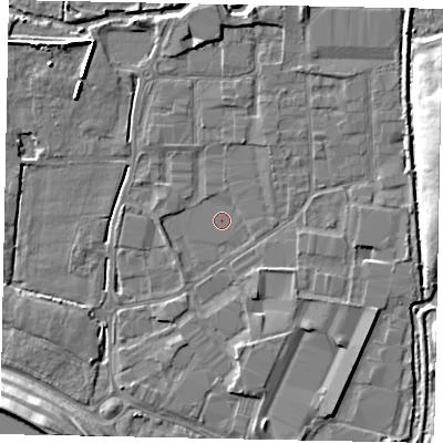 Shaded relief map of the ground around SL30AP, computed from Environment Agency LiDAR. The ground here sits at about 20 m above sea level and falls 14 m across the surrounding 800 m. Surface water reaching this point runs off ground lying to the south-west, 0.7 m higher.