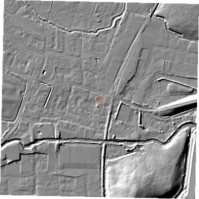 Shaded relief map of the ground around SL30AQ, computed from Environment Agency LiDAR. The ground here sits at about 21 m above sea level and falls 14 m across the surrounding 800 m. Surface water reaching this point runs off ground lying to the south-south-west, 1.5 m higher.