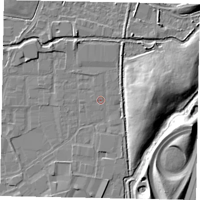 Shaded relief map of the ground around SL30AR, computed from Environment Agency LiDAR. The ground here sits at about 21 m above sea level and falls 14 m across the surrounding 800 m. Surface water reaching this point runs off ground lying to the north-north-east, 2.8 m higher.