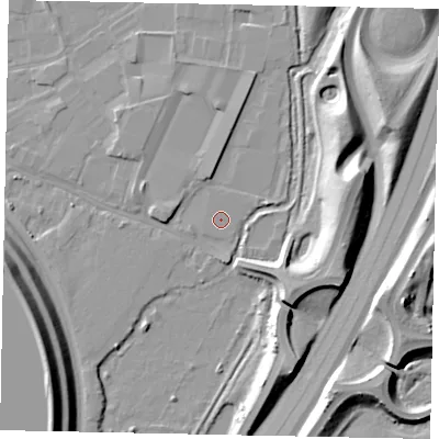 Shaded relief map of the ground around SL30AT, computed from Environment Agency LiDAR. The ground here sits at about 20 m above sea level and falls 14 m across the surrounding 800 m. The ground contributing surface water to this point lies to the west.