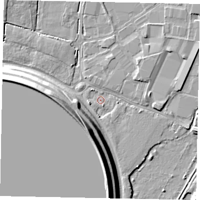 Shaded relief map of the ground around SL30AU, computed from Environment Agency LiDAR. The ground here sits at about 20 m above sea level and falls 14 m across the surrounding 800 m. Surface water reaching this point runs off ground lying to the east-north-east, 2.6 m higher.