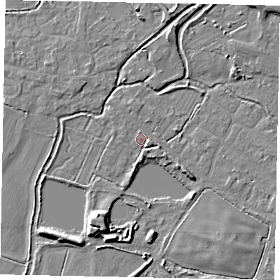 Shaded relief map of the ground around SL30AW, computed from Environment Agency LiDAR. The ground here sits at about 21 m above sea level and falls 8 m across the surrounding 800 m. Surface water reaching this point runs off ground lying to the east-south-east, 1.6 m higher.