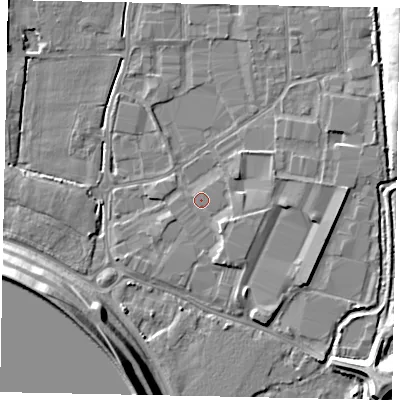 Shaded relief map of the ground around SL30AX, computed from Environment Agency LiDAR. The ground here sits at about 20 m above sea level and falls 14 m across the surrounding 800 m. Surface water reaching this point runs off ground lying to the east-south-east, 1.7 m higher.
