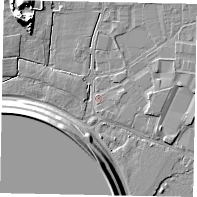 Shaded relief map of the ground around SL30AY, computed from Environment Agency LiDAR. The ground here sits at about 20 m above sea level and falls 14 m across the surrounding 800 m. Surface water reaching this point runs off ground lying to the north-west, 14.4 m higher.
