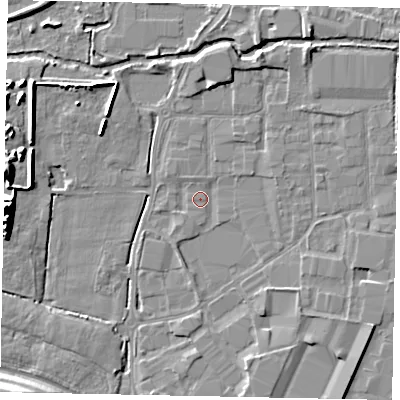 Shaded relief map of the ground around SL30BH, computed from Environment Agency LiDAR. The ground here sits at about 20 m above sea level and falls 14 m across the surrounding 800 m. Surface water reaching this point runs off ground lying to the south-south-west, 1.0 m higher.