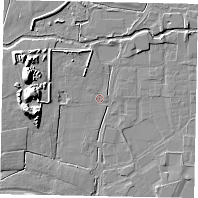Shaded relief map of the ground around SL30BL, computed from Environment Agency LiDAR. The ground here sits at about 20 m above sea level and falls 15 m across the surrounding 800 m. Surface water reaching this point runs off ground lying to the north-west, 1.4 m higher.