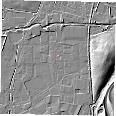 Shaded relief map of the ground around SL30BS, computed from Environment Agency LiDAR. The ground here sits at about 20 m above sea level and falls 14 m across the surrounding 800 m. The ground contributing surface water to this point lies to the west-south-west.