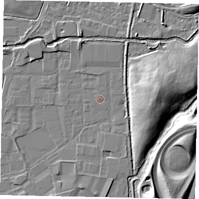 Shaded relief map of the ground around SL30DB, computed from Environment Agency LiDAR. The ground here sits at about 21 m above sea level and falls 14 m across the surrounding 800 m. The ground contributing surface water to this point lies to the north.