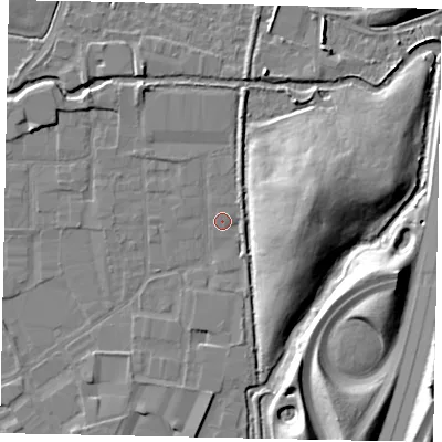Shaded relief map of the ground around SL30DG, computed from Environment Agency LiDAR. The ground here sits at about 21 m above sea level and falls 13 m across the surrounding 800 m. Surface water reaching this point runs off ground lying to the north, 2.8 m higher.