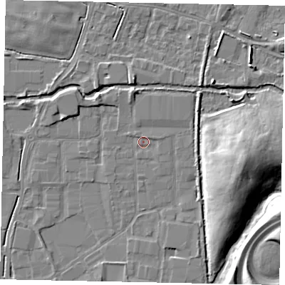 Shaded relief map of the ground around SL30DP, computed from Environment Agency LiDAR. The ground here sits at about 21 m above sea level and falls 14 m across the surrounding 800 m. Surface water reaching this point runs off ground lying to the north-north-west, 2.6 m higher.