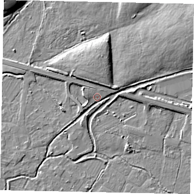 Shaded relief map of the ground around SL30EA, computed from Environment Agency LiDAR. The ground here sits at about 22 m above sea level and falls 9 m across the surrounding 800 m. Surface water reaching this point runs off ground lying to the north-east, 2.4 m higher.