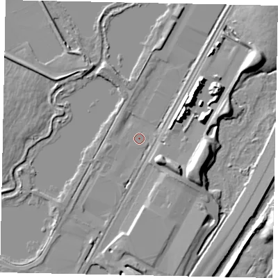 Shaded relief map of the ground around SL30ED, computed from Environment Agency LiDAR. The ground here sits at about 22 m above sea level and falls 10 m across the surrounding 800 m. Surface water reaching this point runs off ground lying to the north-east, 9.8 m higher.