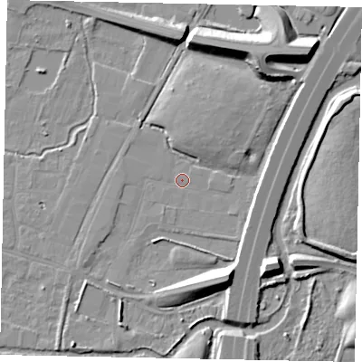 Shaded relief map of the ground around SL30EN, computed from Environment Agency LiDAR. The ground here sits at about 21 m above sea level and falls 12 m across the surrounding 800 m. Surface water reaching this point runs off ground lying to the south-south-west, 4.0 m higher.