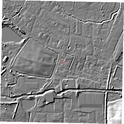 Shaded relief map of the ground around SL30EZ, computed from Environment Agency LiDAR. The ground here sits at about 21 m above sea level and falls 12 m across the surrounding 800 m. Surface water reaching this point runs off ground lying to the north-north-east, 1.1 m higher.