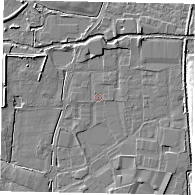 Shaded relief map of the ground around SL30HJ, computed from Environment Agency LiDAR. The ground here sits at about 20 m above sea level and falls 7 m across the surrounding 800 m. Surface water reaching this point runs off ground lying to the north, 2.5 m higher.