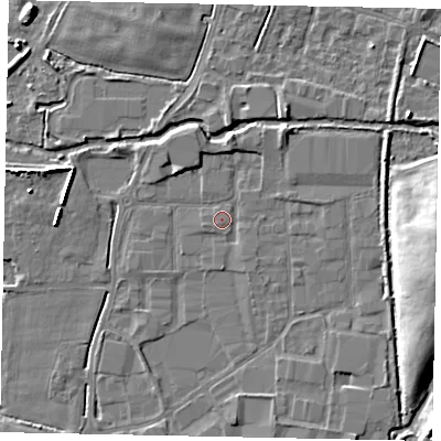 Shaded relief map of the ground around SL30HQ, computed from Environment Agency LiDAR. The ground here sits at about 21 m above sea level and falls 12 m across the surrounding 800 m. Surface water reaching this point runs off ground lying to the west-south-west, 0.9 m higher.