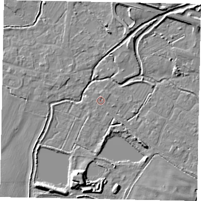 Shaded relief map of the ground around SL30HS, computed from Environment Agency LiDAR. The ground here sits at about 21 m above sea level and falls 8 m across the surrounding 800 m. Surface water reaching this point runs off ground lying to the north-east, 0.6 m higher.