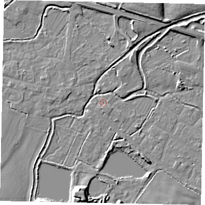 Shaded relief map of the ground around SL30HT, computed from Environment Agency LiDAR. The ground here sits at about 21 m above sea level and falls 8 m across the surrounding 800 m. Surface water reaching this point runs off ground lying to the south, 0.9 m higher.