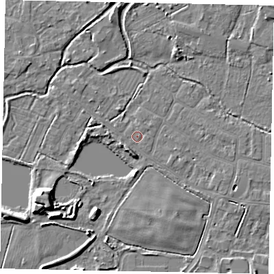 Shaded relief map of the ground around SL30HX, computed from Environment Agency LiDAR. The ground here sits at about 21 m above sea level and falls 8 m across the surrounding 800 m. Surface water reaching this point runs off ground lying to the south, 2.9 m higher.