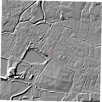 Shaded relief map of the ground around SL30HY, computed from Environment Agency LiDAR. The ground here sits at about 21 m above sea level and falls 8 m across the surrounding 800 m. Surface water reaching this point runs off ground lying to the south-south-east, 1.9 m higher.