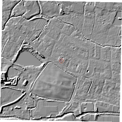 Shaded relief map of the ground around SL30HZ, computed from Environment Agency LiDAR. The ground here sits at about 21 m above sea level and falls 8 m across the surrounding 800 m. Surface water reaching this point runs off ground lying to the north-west, 0.7 m higher.