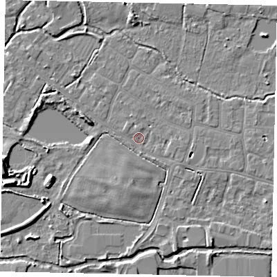 Shaded relief map of the ground around SL30JA, computed from Environment Agency LiDAR. The ground here sits at about 21 m above sea level and falls 8 m across the surrounding 800 m. Surface water reaching this point runs off ground lying to the south-south-west, 1.9 m higher.