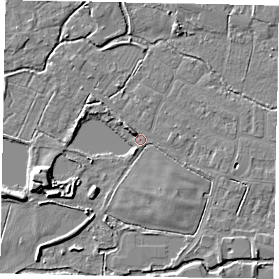 Shaded relief map of the ground around SL30JB, computed from Environment Agency LiDAR. The ground here sits at about 21 m above sea level and falls 8 m across the surrounding 800 m. Surface water reaching this point runs off ground lying to the south-east, 1.9 m higher.