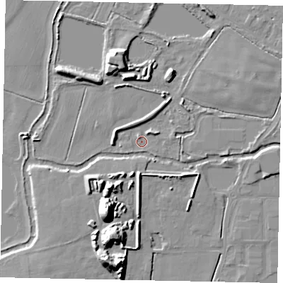 Shaded relief map of the ground around SL30JD, computed from Environment Agency LiDAR. The ground here sits at about 20 m above sea level and falls 15 m across the surrounding 800 m. Surface water reaching this point runs off ground lying to the north-east, 2.1 m higher.