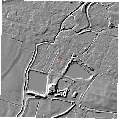 Shaded relief map of the ground around SL30JE, computed from Environment Agency LiDAR. The ground here sits at about 20 m above sea level and falls 8 m across the surrounding 800 m. Surface water reaching this point runs off ground lying to the east-north-east, 2.0 m higher.