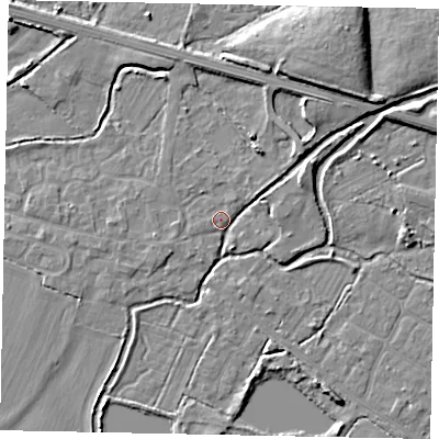 Shaded relief map of the ground around SL30JJ, computed from Environment Agency LiDAR. The ground here sits at about 21 m above sea level and falls 7 m across the surrounding 800 m. Surface water reaching this point runs off ground lying to the north-east, 4.2 m higher.