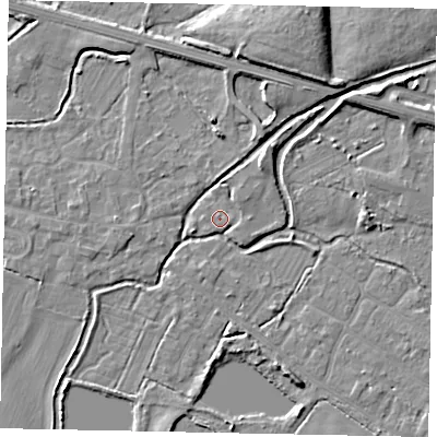 Shaded relief map of the ground around SL30JP, computed from Environment Agency LiDAR. The ground here sits at about 21 m above sea level and falls 7 m across the surrounding 800 m. Surface water reaching this point runs off ground lying to the east-south-east, 0.8 m higher.
