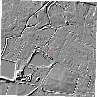 Shaded relief map of the ground around SL30JS, computed from Environment Agency LiDAR. The ground here sits at about 21 m above sea level and falls 8 m across the surrounding 800 m. Surface water reaching this point runs off ground lying to the south-south-east, 3.4 m higher.