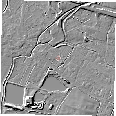 Shaded relief map of the ground around SL30JT, computed from Environment Agency LiDAR. The ground here sits at about 20 m above sea level and falls 8 m across the surrounding 800 m. Surface water reaching this point runs off ground lying to the west-north-west, 1.1 m higher.