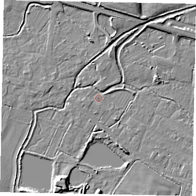Shaded relief map of the ground around SL30JU, computed from Environment Agency LiDAR. The ground here sits at about 20 m above sea level and falls 8 m across the surrounding 800 m. Surface water reaching this point runs off ground lying to the north-north-east, 5.2 m higher.