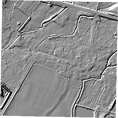 Shaded relief map of the ground around SL30JZ, computed from Environment Agency LiDAR. The ground here sits at about 20 m above sea level and falls 6 m across the surrounding 800 m. Surface water reaching this point runs off ground lying to the north-east, 1.2 m higher.