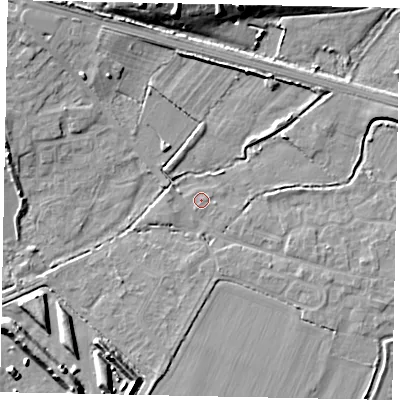 Shaded relief map of the ground around SL30LU, computed from Environment Agency LiDAR. The ground here sits at about 20 m above sea level and falls 13 m across the surrounding 800 m. Surface water reaching this point runs off ground lying to the east-south-east, 1.9 m higher.