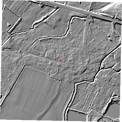 Shaded relief map of the ground around SL30LX, computed from Environment Agency LiDAR. The ground here sits at about 21 m above sea level and falls 7 m across the surrounding 800 m. Surface water reaching this point runs off ground lying to the south-east, 0.7 m higher.