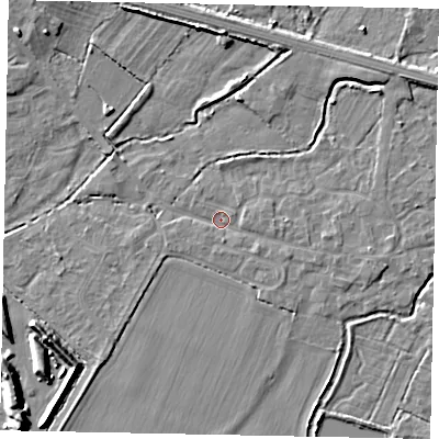 Shaded relief map of the ground around SL30NB, computed from Environment Agency LiDAR. The ground here sits at about 20 m above sea level and falls 7 m across the surrounding 800 m. Surface water reaching this point runs off ground lying to the east, 1.6 m higher.