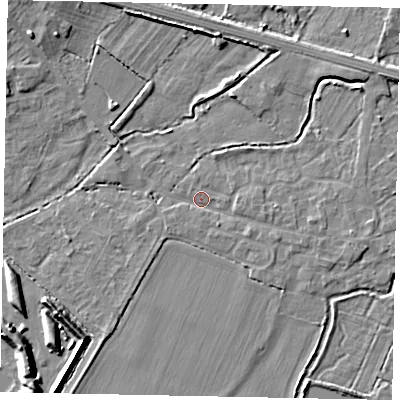 Shaded relief map of the ground around SL30ND, computed from Environment Agency LiDAR. The ground here sits at about 20 m above sea level and falls 7 m across the surrounding 800 m. Surface water reaching this point runs off ground lying to the east, 1.7 m higher.