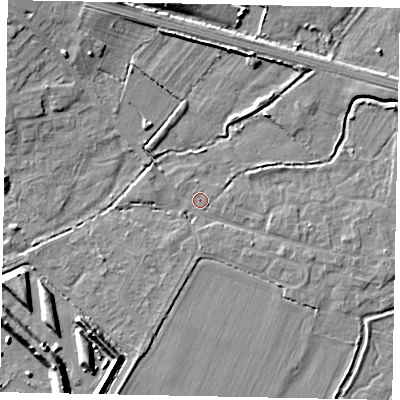Shaded relief map of the ground around SL30NF, computed from Environment Agency LiDAR. The ground here sits at about 20 m above sea level and falls 8 m across the surrounding 800 m. Surface water reaching this point runs off ground lying to the east-south-east, 2.2 m higher.