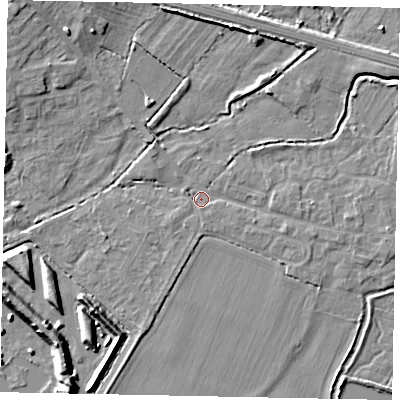 Shaded relief map of the ground around SL30NG, computed from Environment Agency LiDAR. The ground here sits at about 20 m above sea level and falls 8 m across the surrounding 800 m. Surface water reaching this point runs off ground lying to the east, 1.9 m higher.