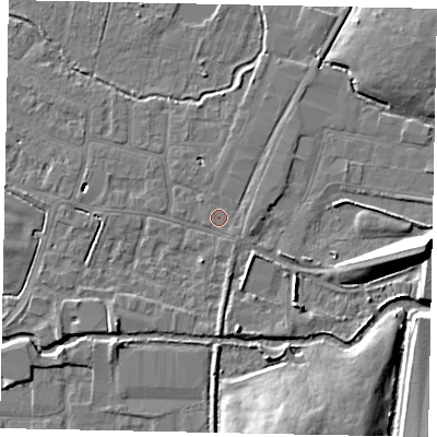 Shaded relief map of the ground around SL30NN, computed from Environment Agency LiDAR. The ground here sits at about 21 m above sea level and falls 13 m across the surrounding 800 m. Surface water reaching this point runs off ground lying to the east-north-east, 1.0 m higher.
