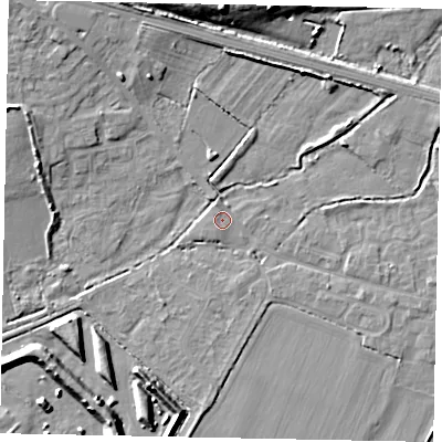 Shaded relief map of the ground around SL30NP, computed from Environment Agency LiDAR. The ground here sits at about 20 m above sea level and falls 12 m across the surrounding 800 m. Surface water reaching this point runs off ground lying to the west-north-west, 6.2 m higher.