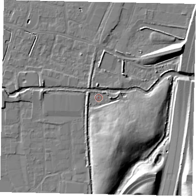 Shaded relief map of the ground around SL30NU, computed from Environment Agency LiDAR. The ground here sits at about 21 m above sea level and falls 17 m across the surrounding 800 m. Surface water reaching this point runs off ground lying to the east, 2.9 m higher.