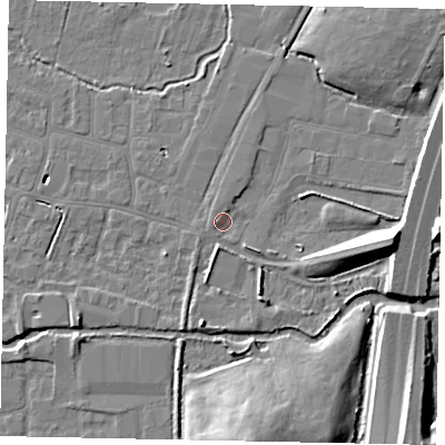 Shaded relief map of the ground around SL30NW, computed from Environment Agency LiDAR. The ground here sits at about 22 m above sea level and falls 14 m across the surrounding 800 m. Surface water reaching this point runs off ground lying to the east, 10.6 m higher.